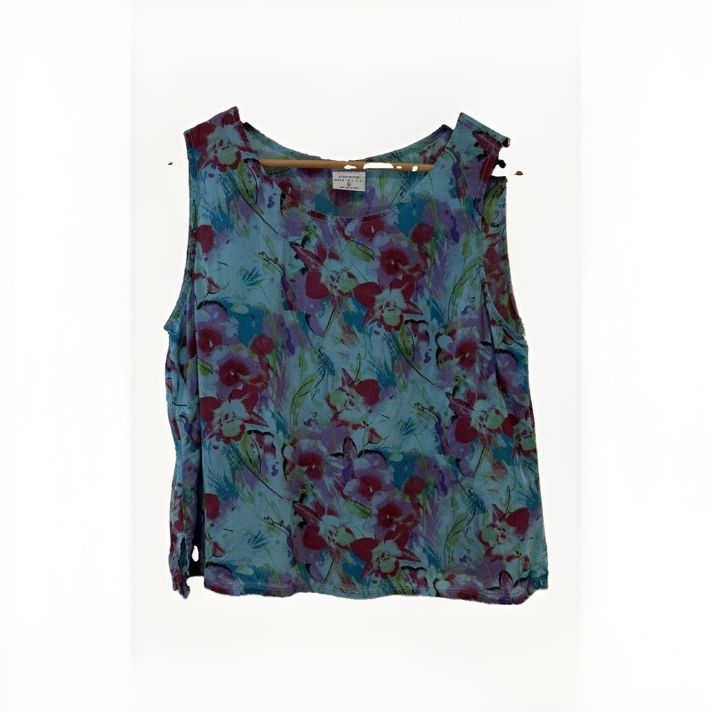 CLICK‎ by Color Me Cotton Tank Women Large Blue Floral Art to Wear Cupro Rayon